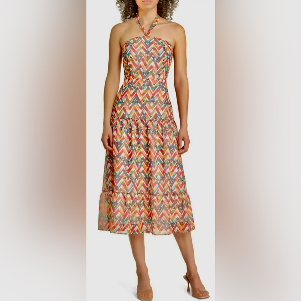 NWT Sam Edleman Chevron Geo Print Halter A-line Midi Dress Back Neck Ties ZB15
